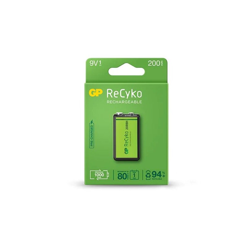 Batterie rechargeable GP ReCyko 200mAh 9V - Pré-chargée - Cycle de vie : jusqu'à 1000 fois