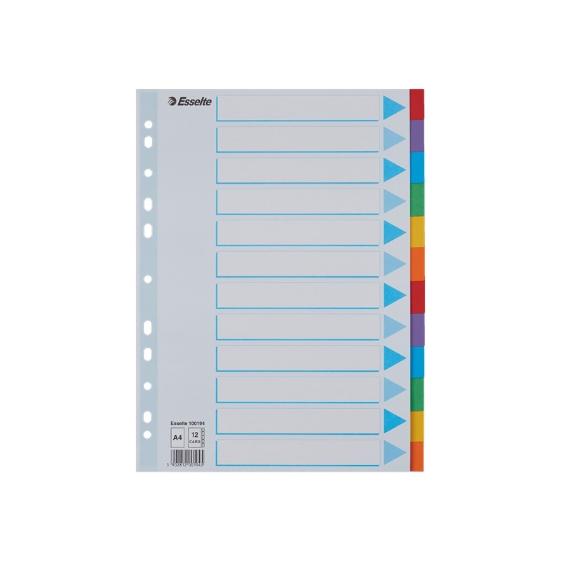 Esselte Intercalaires 12 Positions - Multi-trous - 6 Couleurs - Carton - Format A4