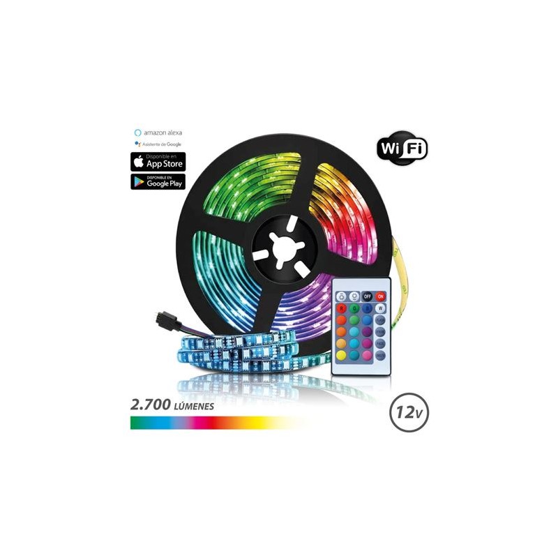 Ruban LED Elbat WiFi RGB 12V 2700lm - 30 Leds par Mètre - Télécommande - Longueur 5m