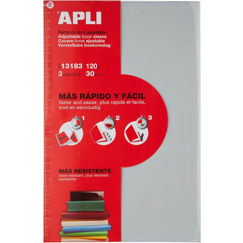 Apli Lot de 3 Protèges Livres à Rabat Ajustable 290 mm - PVC - Couverture en 3 Étapes