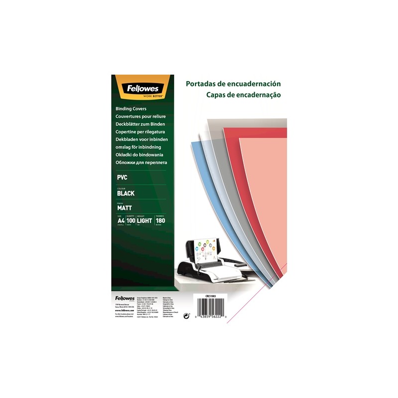 Fellowes Lot de 100 couvertures de reliure PVC A4 - 180 microns - Finition de qualité - Noir