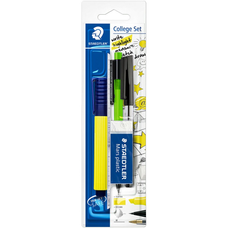 Kit Papeterie Staedtler - Marqueur Jaune, Stylo Noir, Gomme, Règle

