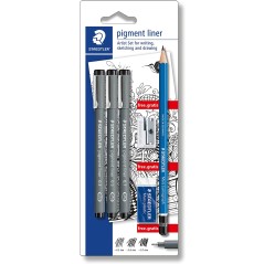 ✅ Staedtler Pigment Liner 308 Lot de 3 marqueurs noirs calibrés, lignes assorties + 1 gomme + 1 taille-crayon + en stock