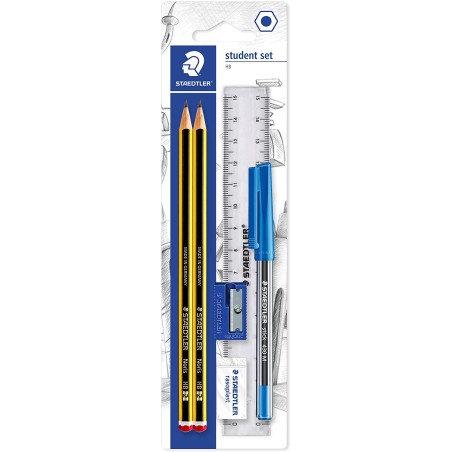 ✅ Staedtler Lot de 2 Crayons Graphite Hexagonaux Noris 2HB + 1 Stylo Stick 430 Bleu + 1 Gomme + 1 Taille-Crayon en stock