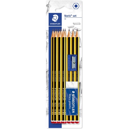 ✅ Staedtler Noris 120 Lot de 10 crayons graphite hexagonaux 2HB + 1 gomme plastique 526 50 + 1 taille-crayon 510 en stock