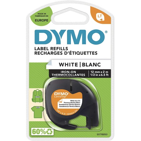 Dymo S0718850 Ruban textile thermocollant noir sur fond blanc - Largeur 12 mm x 2 mètres (18769)