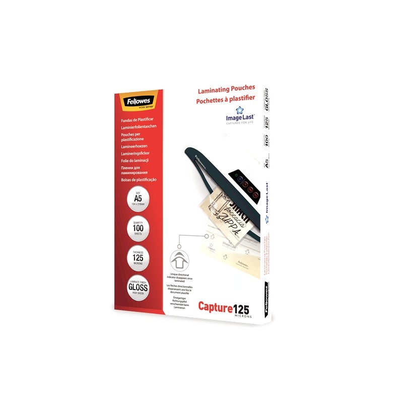 Fellowes Lot 100 pochettes de plastification brillantes A5 - 125 microns - Haute qualité - Transparent Fellowes Lot 100 pochettes de plastification brillantes A5 - 125 microns - Haute qualité - Transparent