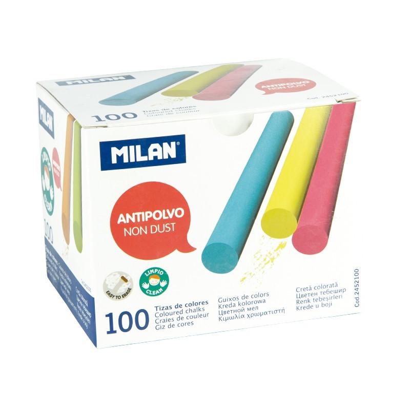 Lot de 100 craies Milan - Rondes - Anti-poussière - Ne contient ni caséine ni gypse - Couleurs assorties Lot de 100 craies Milan - Rondes - Anti-poussière - Ne contient ni caséine ni gypse - Couleurs assorties