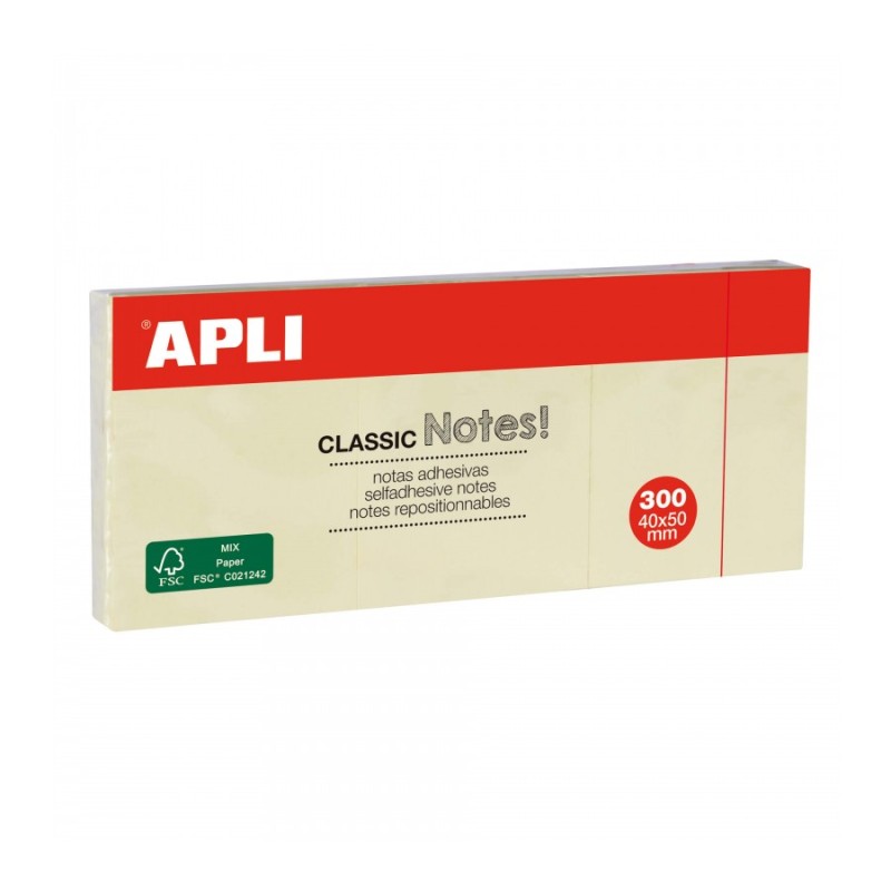 Apli Classic 3 Blocs de 100 Notes Autocollantes 40 x 50 mm - Couleur Jaune