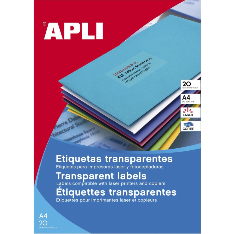 Apli Étiquettes permanentes translucides 210 x 297 mm - 20 feuilles - Résistantes aux intempéries
