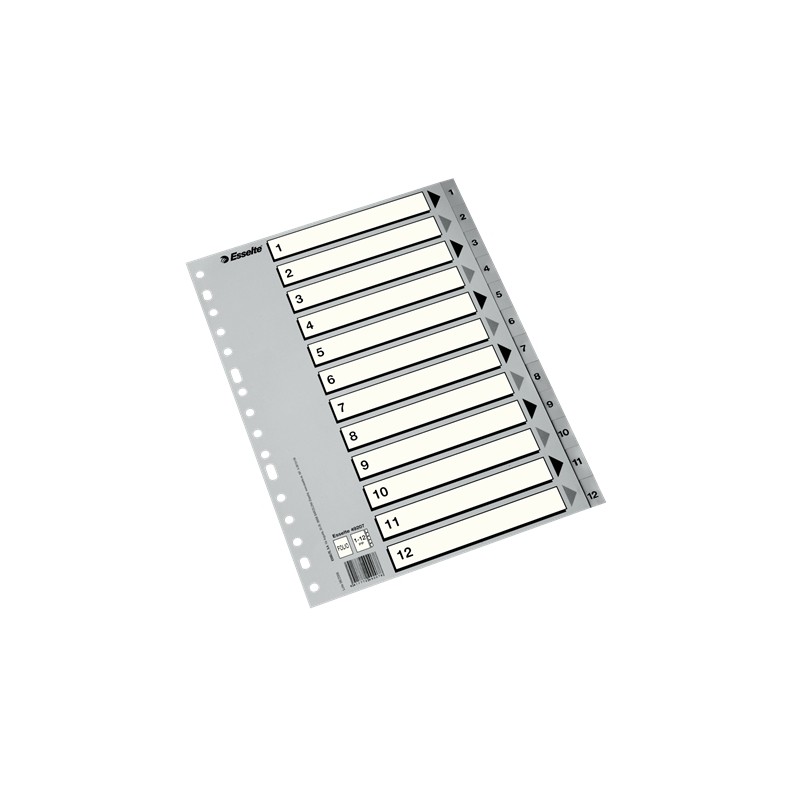 LOT de 50 Esselte Sachet de 50 Index Numériques Plastique - Onglets 1 à 12 - Multi-trous - Format Folio - Couleur Gris