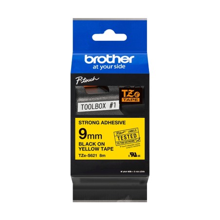 ✅ Brother TZeS621 Ruban d'étiquettes laminées super adhésif original - Texte noir sur fond jaune couleur Noir en stock