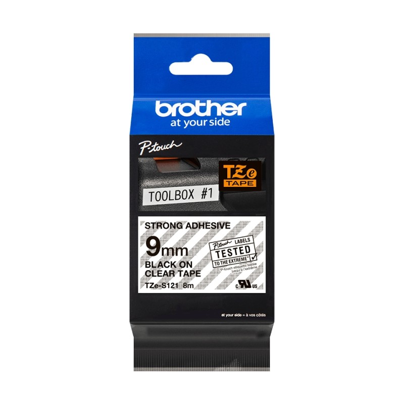 Brother TZeS121 Ruban d'étiquettes laminées super adhésif original - Texte noir sur fond transparent