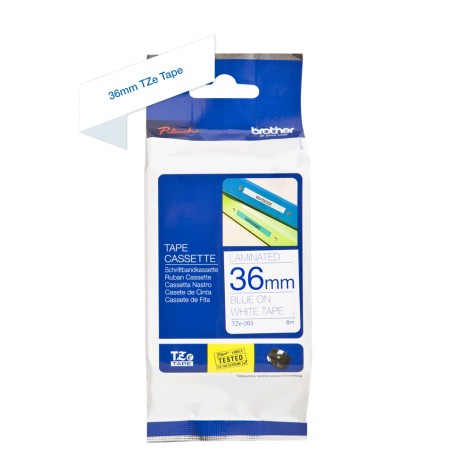 ✅ Brother TZe263 Original Ruban d'étiquettes laminées - Texte bleu sur fond blanc - Largeur 36 mm x 8 mètres en stock