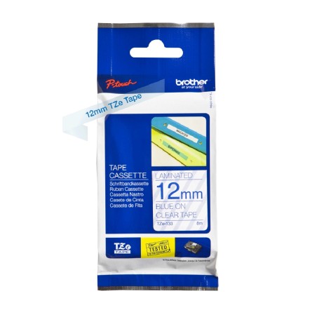 â Brother TZe133 Original Ruban d'Ã©tiquettes laminÃ©es - Texte bleu sur fond transparent - Largeur 12 mm x 8 mÃ en stock
