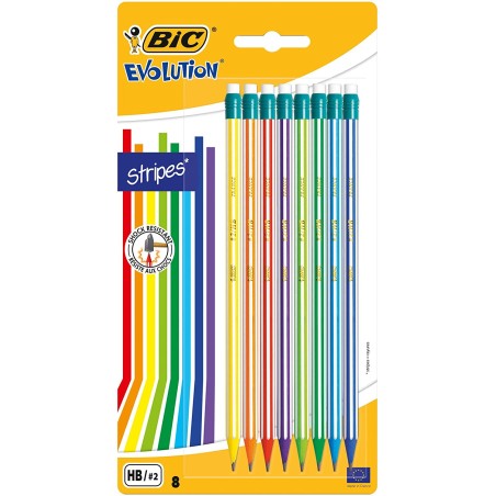 ✅ Bic Evolution Stripes 8 Crayons HB couleur en stock