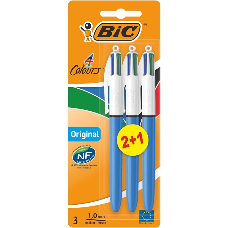 Stylo bille 4 couleurs Bic pack de 3