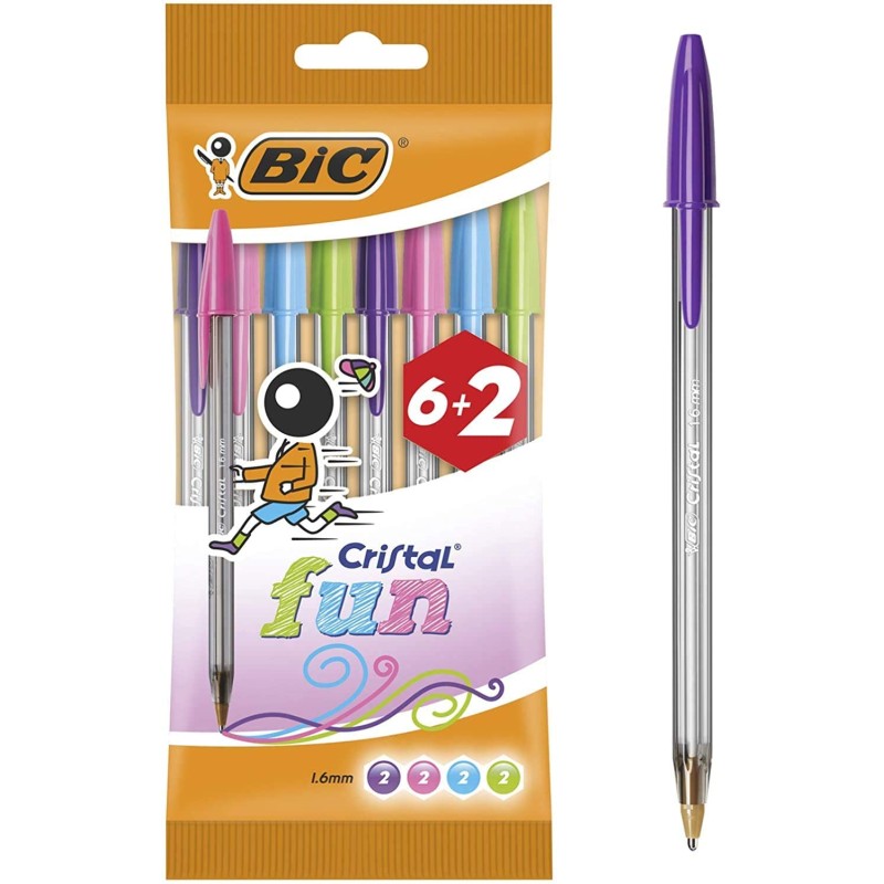 Stylos bille Bic Cristal Fun lot de 8 couleurs assorties