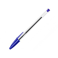 stylo bille corps transparent capuchon bleu