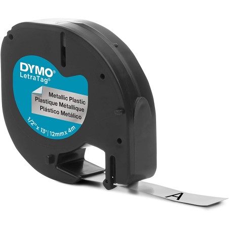 ✅ Dymo LetraTag 91208 (S0721730) - Texte noir sur fond métal - Largeur 12mm x 4 mètres couleur Gris/noir en stock