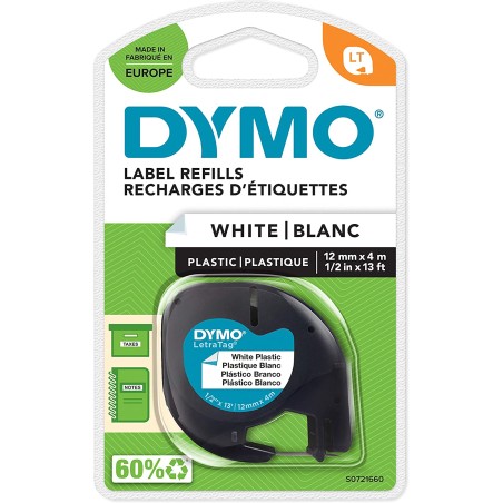 Dymo LetraTag 91201/91221 (S0721610/S0721660) - Texte noir sur fond blanc - Largeur 12 mm x 4 mètres