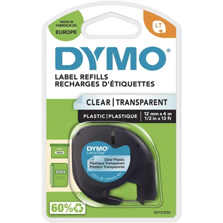 Dymo LetraTag 12267 (S0721530) - Texte noir sur fond transparent - Largeur 12 mm x 4 mètres