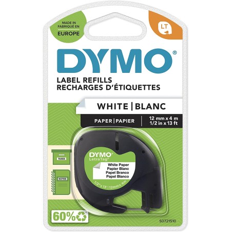 Dymo LetraTag 91200 (S0721510) - Texte noir sur fond blanc - Largeur 12 mm x 4 mètres