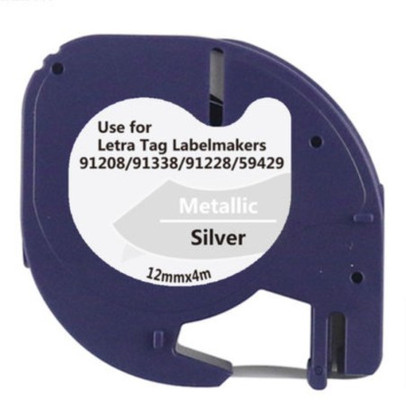 ✅ Ruban compatible Dymo LetraTag 91208 (S0721730) - Texte noir sur fond métallique - Largeur 12mm x 4 mètres c en stock