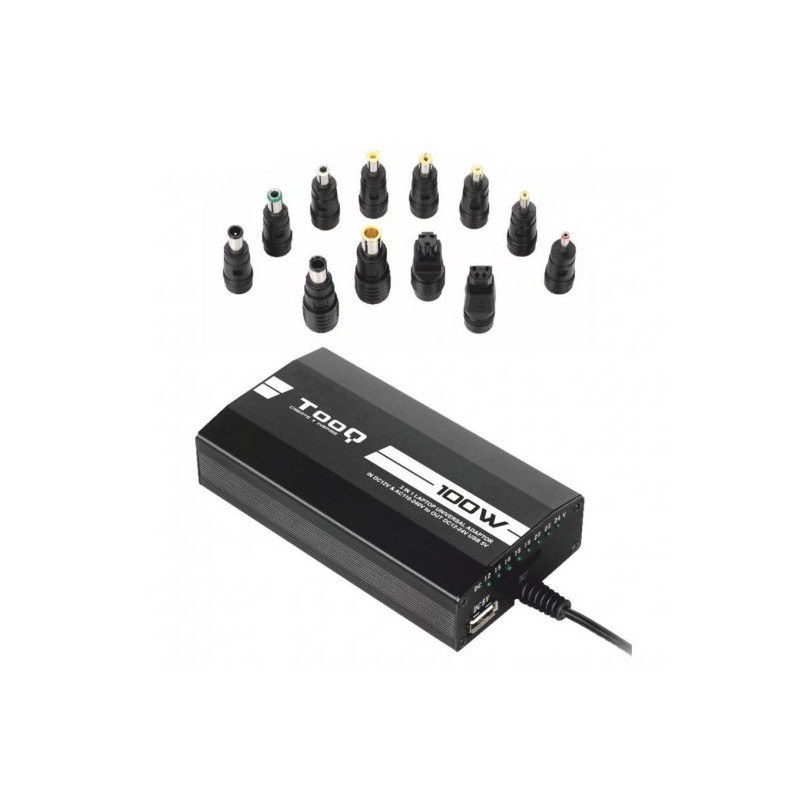 Tooq Chargeur Universel pour Ordinateur Portable 100W - USB - 12 Adaptateurs - Tension 12-24V - Voyant LED
