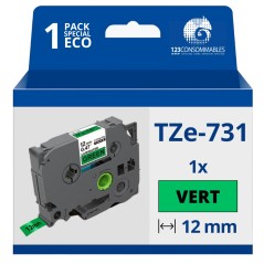 ✅ Ruban compatible Brother TZe731 - Texte noir sur fond vert - Largeur 12 mm x 8 mètres couleur Noir/vert en stock