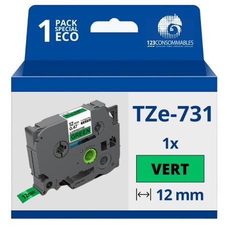 ✅ Ruban compatible Brother TZe731 - Texte noir sur fond vert - Largeur 12 mm x 8 mètres couleur Noir/vert en stock