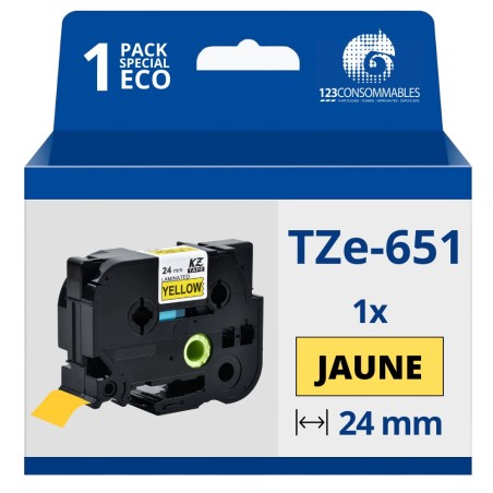 ✅ Ruban compatible Brother TZe651 - Texte noir sur fond jaune couleur Noir/jaune en stock