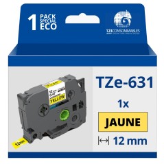 ✅ Ruban compatible Brother TZe631 - Texte noir sur fond jaune - Largeur 12 mm x 8 mètres couleur Noir/jaune en stock