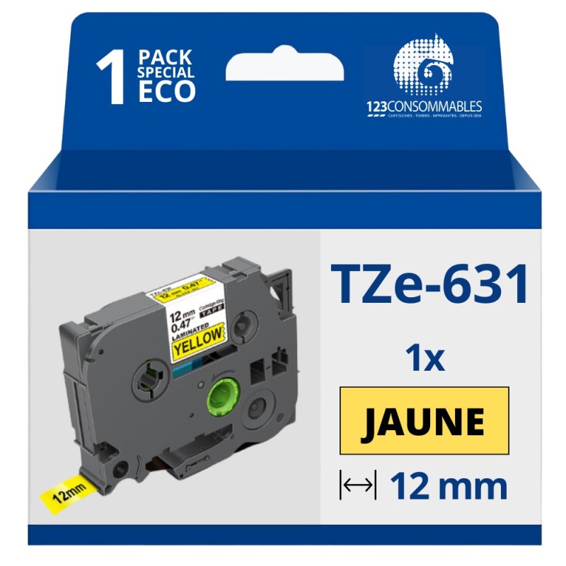 Ruban compatible Brother TZe631 - Texte noir sur fond jaune - Largeur 12 mm x 8 mètres Ruban compatible Brother TZe631 - Texte noir sur fond jaune - Largeur 12 mm x 8 mètres
