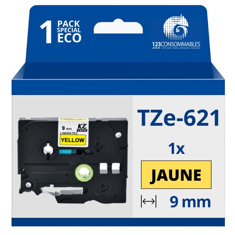 Ruban compatible Brother TZe621 - Texte noir sur fond jaune Ruban compatible Brother TZe621 - Texte noir sur fond jaune