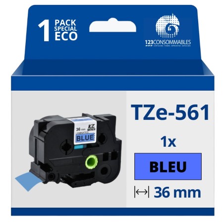 ✅ Ruban compatible Brother TZe561 - Texte noir sur fond bleu couleur Noir/bleu en stock