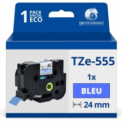 ✅ Ruban compatible Brother TZe555 - Texte blanc sur fond bleu couleur Blanc/bleu en stock