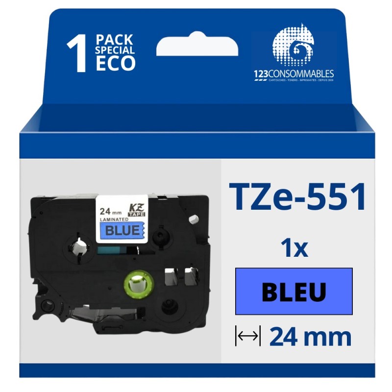 Ruban compatible Brother TZe551 - Texte noir sur fond bleu Ruban compatible Brother TZe551 - Texte noir sur fond bleu
