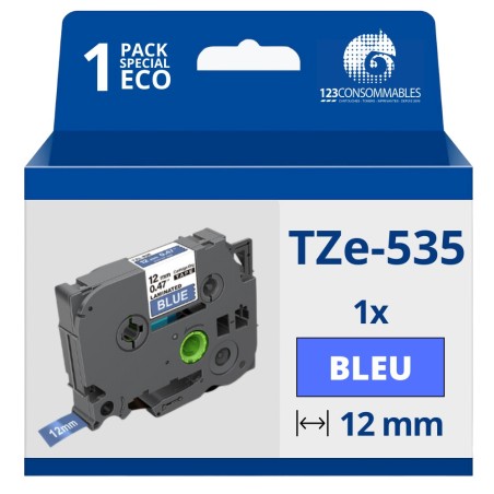 ✅ Ruban compatible Brother TZe535 - Texte blanc sur fond bleu - Largeur 12 mm x 8 mètres couleur Blanc/bleu en stock