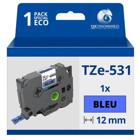 ✅ Ruban compatible Brother TZe531 - Texte noir sur fond bleu - Largeur 12 mm x 8 mètres couleur Noir/bleu en stock