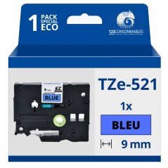 ✅ Ruban compatible Brother TZe521 - Texte noir sur fond bleu couleur Noir/bleu en stock