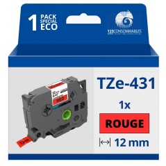 ✅ Ruban compatible Brother TZe431 - Texte noir sur fond rouge - Largeur 12 mm x 8 mètres couleur Rouge/noir en stock