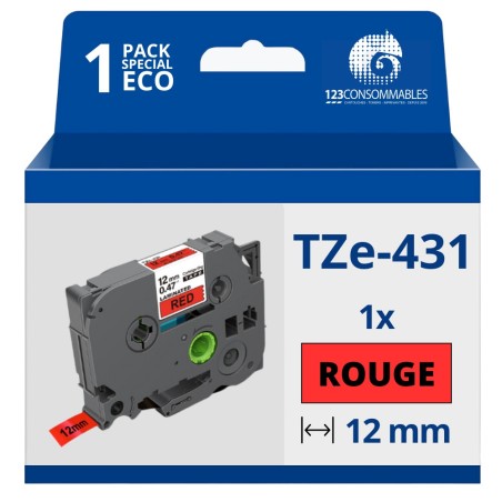 ✅ Ruban compatible Brother TZe431 - Texte noir sur fond rouge - Largeur 12 mm x 8 mètres couleur Rouge/noir en stock