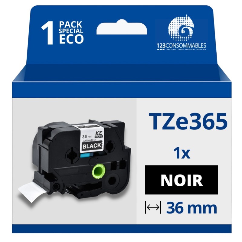 Ruban compatible Brother TZe365 - Texte blanc sur fond noir Ruban compatible Brother TZe365 - Texte blanc sur fond noir