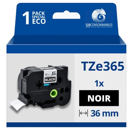 ✅ Ruban compatible Brother TZe365 - Texte blanc sur fond noir couleur Blanc/noir en stock