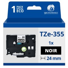 ✅ Ruban compatible Brother TZe355 - Texte blanc sur fond noir couleur Blanc/noir en stock