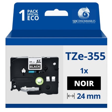 ✅ Ruban compatible Brother TZe355 - Texte blanc sur fond noir couleur Blanc/noir en stock