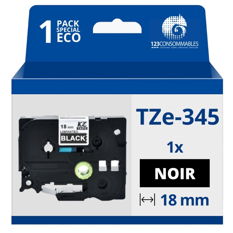 Ruban compatible Brother TZe345 - Texte blanc sur fond noir - Largeur 18 mm x 8 mètres Ruban compatible Brother TZe345 - Texte blanc sur fond noir - Largeur 18 mm x 8 mètres