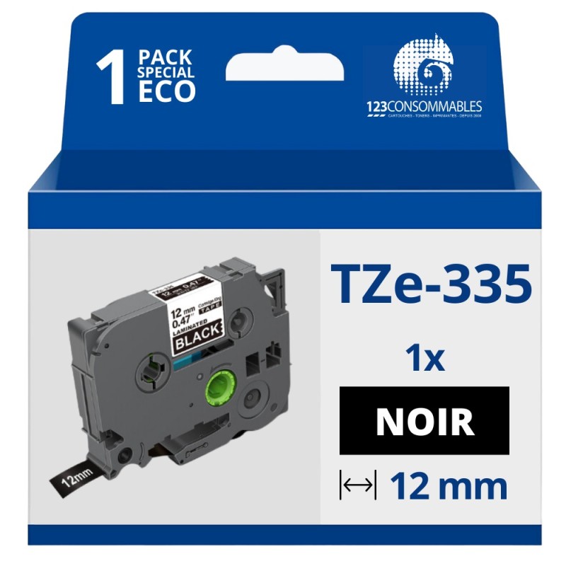 Ruban compatible Brother TZe335 - Texte blanc sur fond noir - Largeur 12 mm x 8 mètres Ruban compatible Brother TZe335 - Texte blanc sur fond noir - Largeur 12 mm x 8 mètres