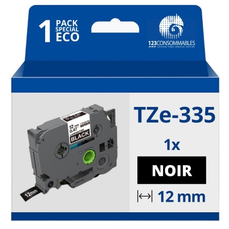 ✅ Ruban compatible Brother TZe335 - Texte blanc sur fond noir - Largeur 12 mm x 8 mètres couleur Blanc/noir en stock